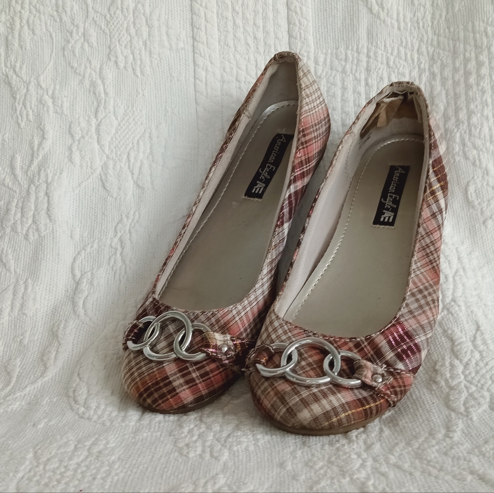 American Eagle Outfitters Pink Plaid Flats Silver Buckles Sparkly Flats School - Picture 2 of 14
